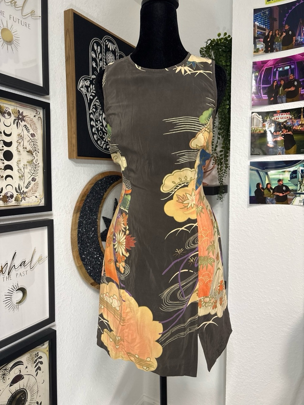 Vintage 90s Sue Wong Studio S Kimono Print Dress Silk Mini Shift Small Size S
